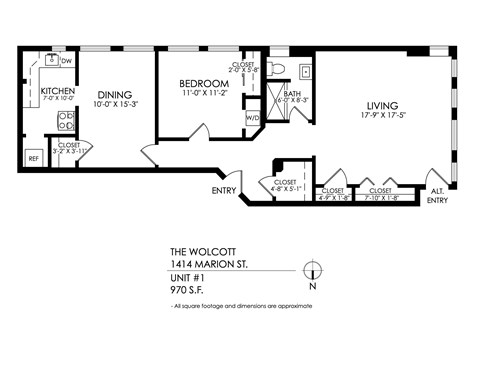 Floor plan for 1 bed, 1 bath, 1025 sqft